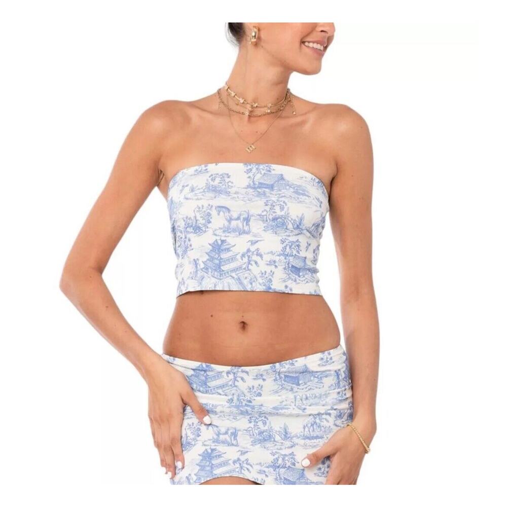 Edikted Blue White Delft Print Tube Top Strapless Crop Top in XS CURRENT